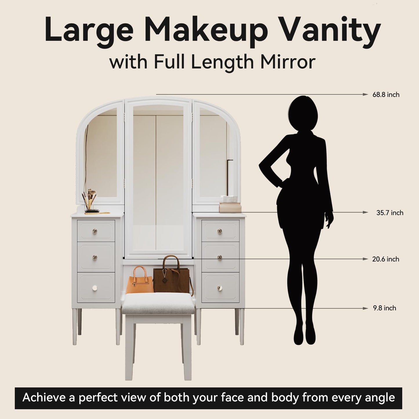 Merax Antique Vanity Desk with Triple Mirror, 46" Makeup Vanity Set with Cushioned Stool, Large Dressing Table with 6 Storage Drawers for Bedroom Dressing Room, White
