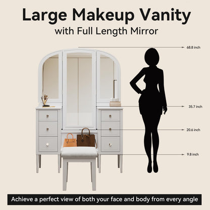 Merax Antique Vanity Desk with Triple Mirror, 46" Makeup Vanity Set with Cushioned Stool, Large Dressing Table with 6 Storage Drawers for Bedroom Dressing Room, White