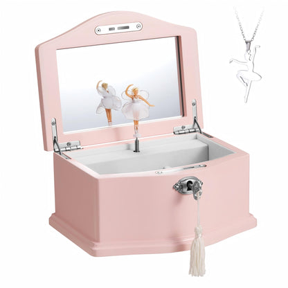 Lihou PapaQ Pink Ballerina Musical Jewelry Box for Girls, Wooden Jewelry Storage Chest with Mirror & Lock, Swan Lake Tune Spinning Ballerina Music Box, Ideal Kids Gift for Christmas & Holidays