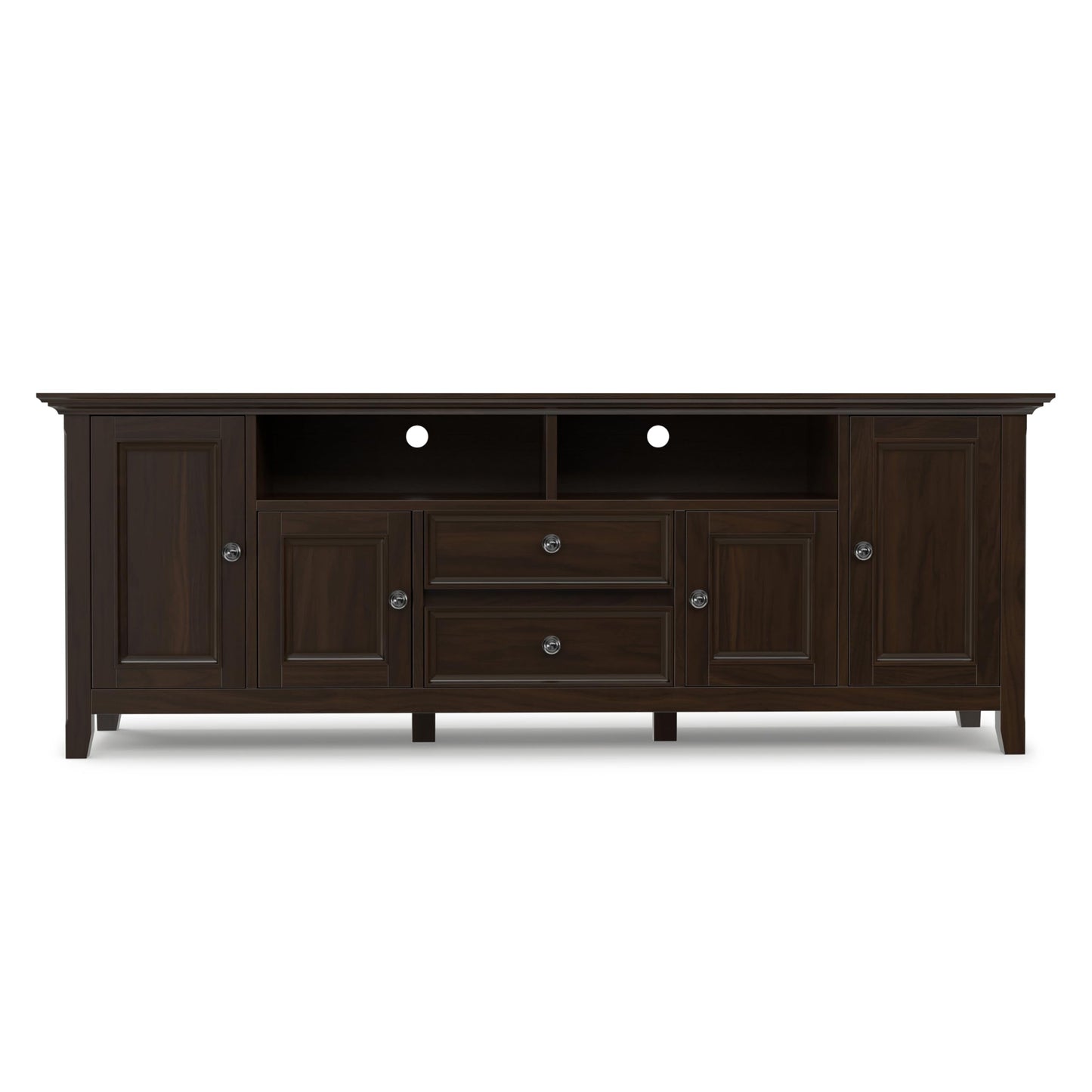 SIMPLIHOME Amherst TV Stand - 72 inch Wide Solid Wood Media Console in Brunette Brown, Transitional Entertainment Center for Living Room for TVs up to 80 Inches with Shelves and Cable Management