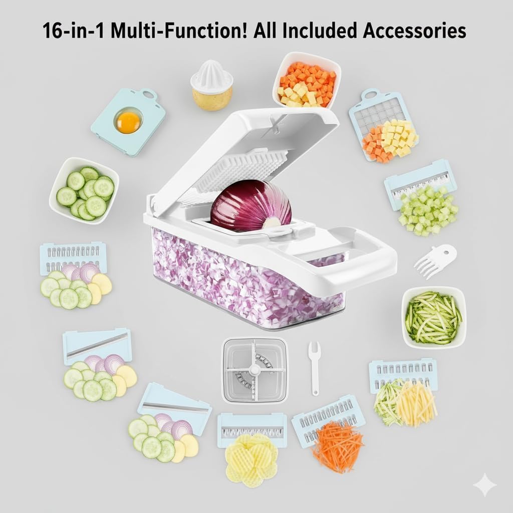 CASAFOYER 16 in 1 Vegetable Chopper, Mandoline Slicer and Food Processor - Kitchen Essentials for Effortless Food Prep - Includes Salad Spinner, Cheese Grater, Onion Chopper, French Fry Cutter
