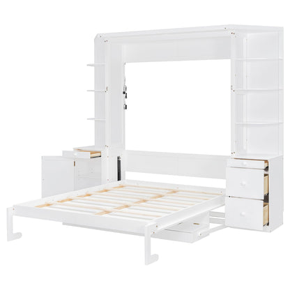Merax Queen Murphy Bed with Desk and Storage, Hidden Wall Bed with Foldout Workstation, Shelves and Cabinets for Space-Saving Home Office, White