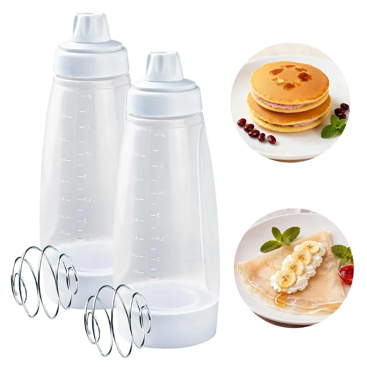 Pancake Batter Dispenser with Blender Balls,2 Pack Batter Mixer and Dispenser with Whisk Ball,Kitchen Pancake Shaker Batter Dispenser Bottle Baking Tool for Cupcakes, Muffins, Crepes, White