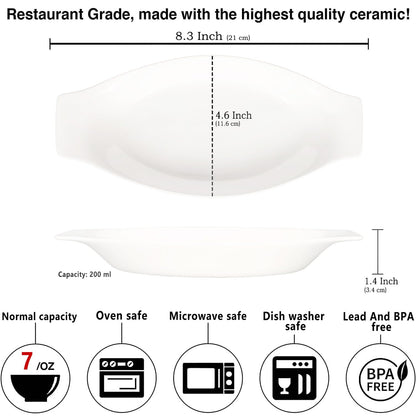 jinsongdafa 6" x 4" Ceramic Oval Small Au Gratin Baking Dishes 7 oz, Set of 4 Banana Split Bowls, Oven and Microwave Safe, for 1 person servings, Bakeware with Handle(8.3 IN) for Kitchen and Home
