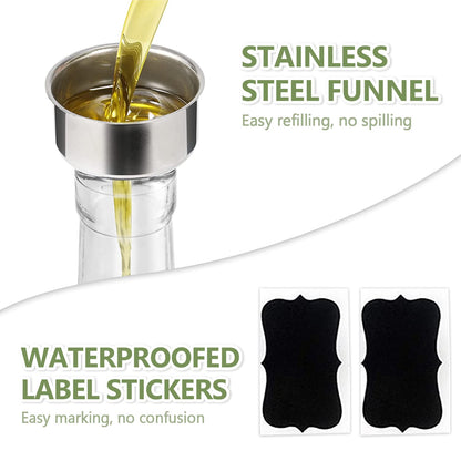 Leaflai 17oz Olive Oil Dispenser Bottle, 500ml Oil & Vinegar Cruet with 2 Stainless Steel Pourers, 2 Labels,1 Brush and 1 Funnel for Kitchen