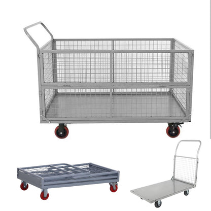 Heavy Duty Platform Truck Cart with Cage, Extra Large Foldable Push Cart, 2200LBS Capacity, for Warehouses Storage