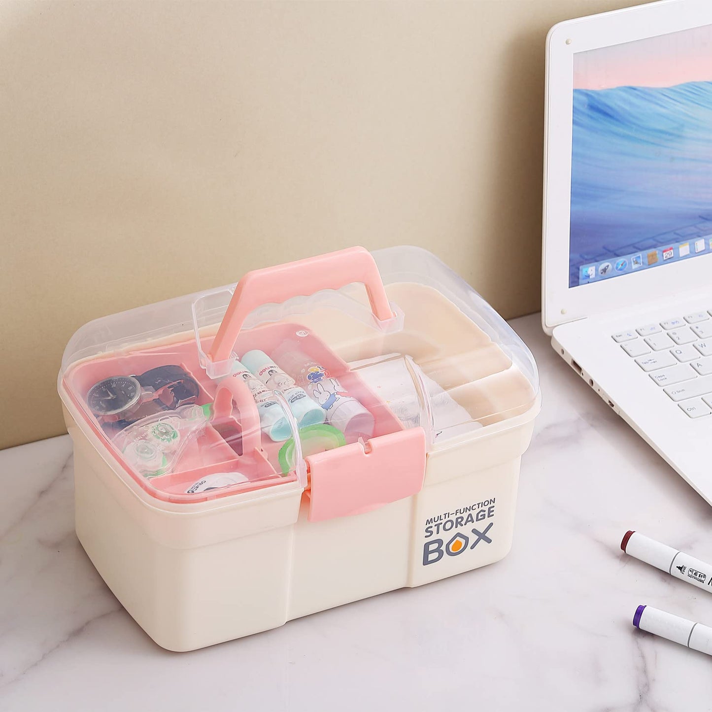 Kinsorcai 11'' Plastic Storage Box with Removable Tray, Multipurpose Organizer for Sewing, Art & Craft, Cosmetic (White)
