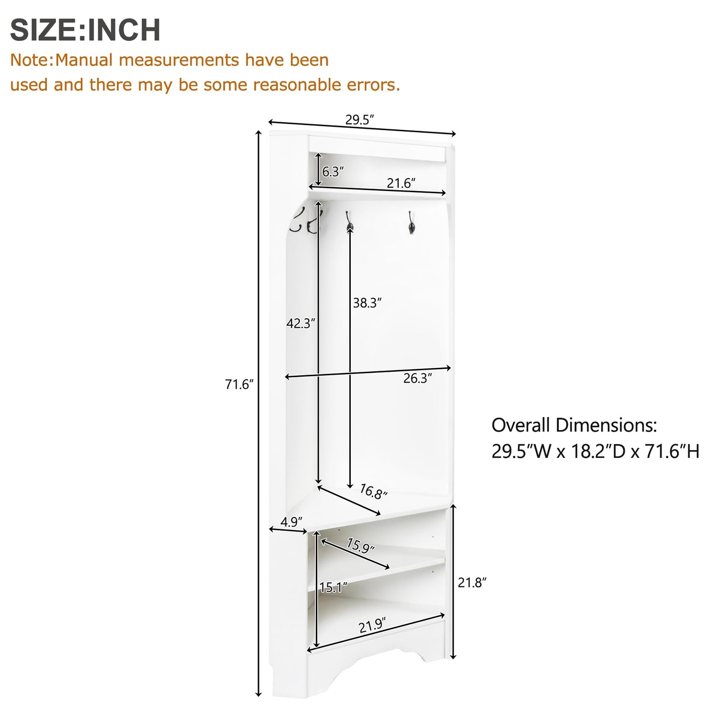 Minimalist Corner Hall Tree with Shoe Bench and 4 Hanging Hooks,Multi-Functional Entryway Coat Rack with Shoe Shelf,Corner Cabinet with Adjustable Shelf for Hallway, Living Room,Black (White, Corner)
