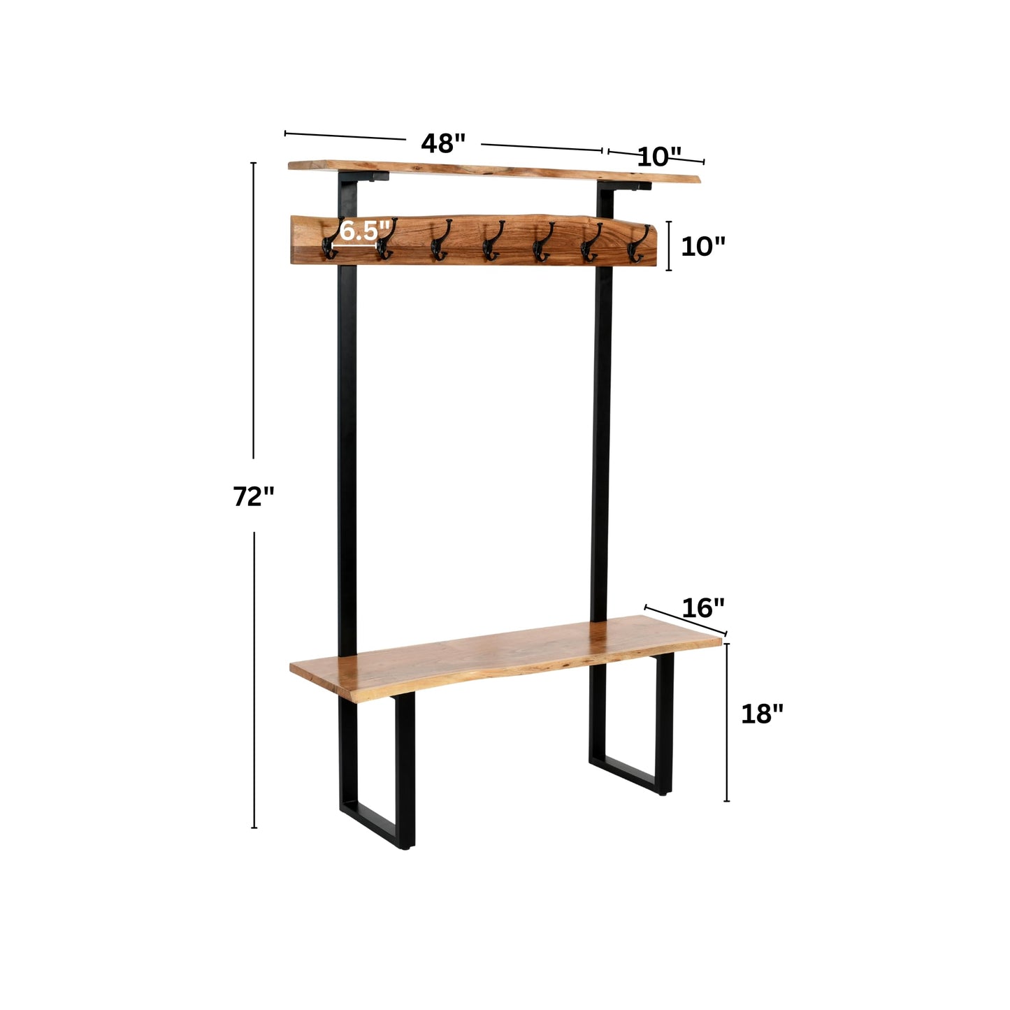 Alpine Live Edge Hall Tree with Bench and Coat Rack – Modern Rustic 48-Inch Solid Wood Entryway Organizer with Shelf, 7 Double Coat Hooks, & Bench for Mudroom or Foyer by Alaterre Furniture (Natural)