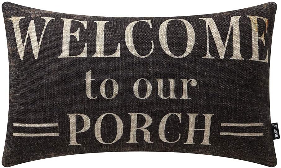 TRENDIN Decorative Throw Pillow Cover 20x12 inch Rustic Look Black Welcome to Our Porch Cushion Case