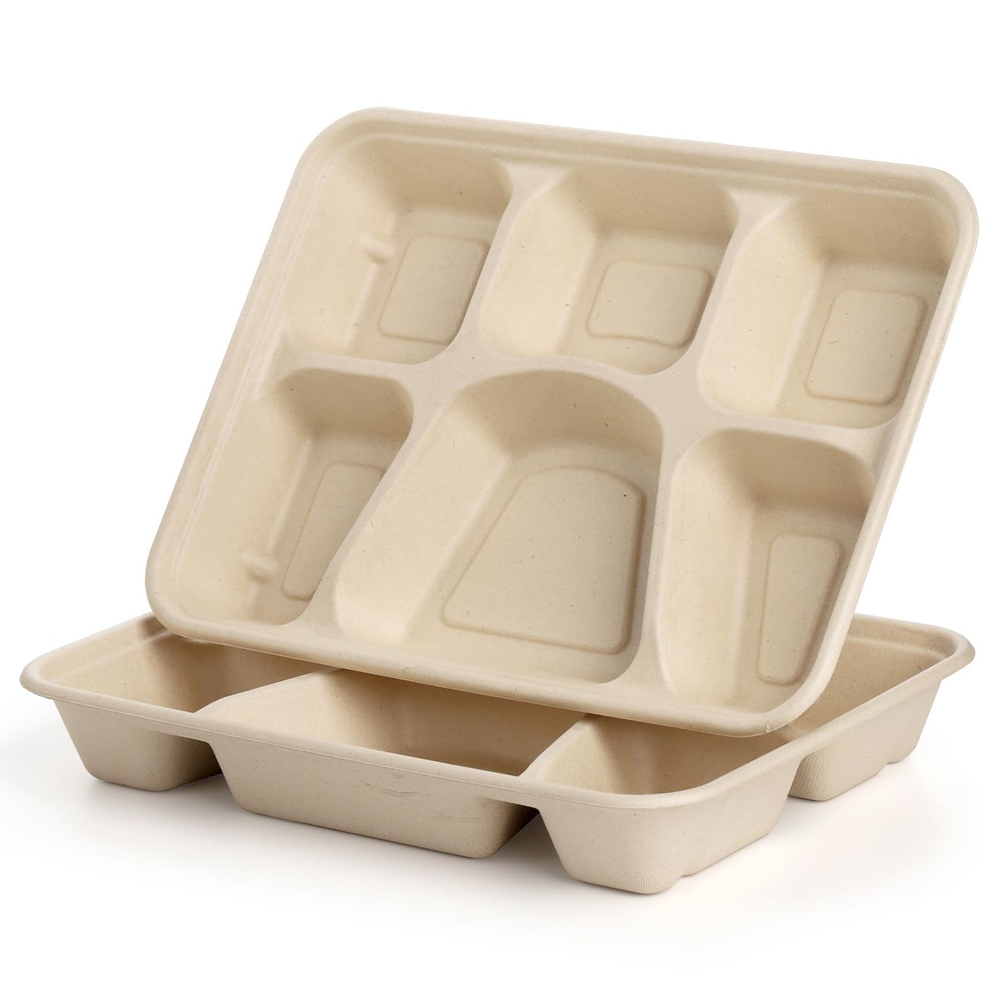 Peohud 50 Pack 6 Compartment Disposable Paper Plates, Bagasse School Lunch Tray, Heavy-Duty Sugarcane Plates, Microwavable Safe