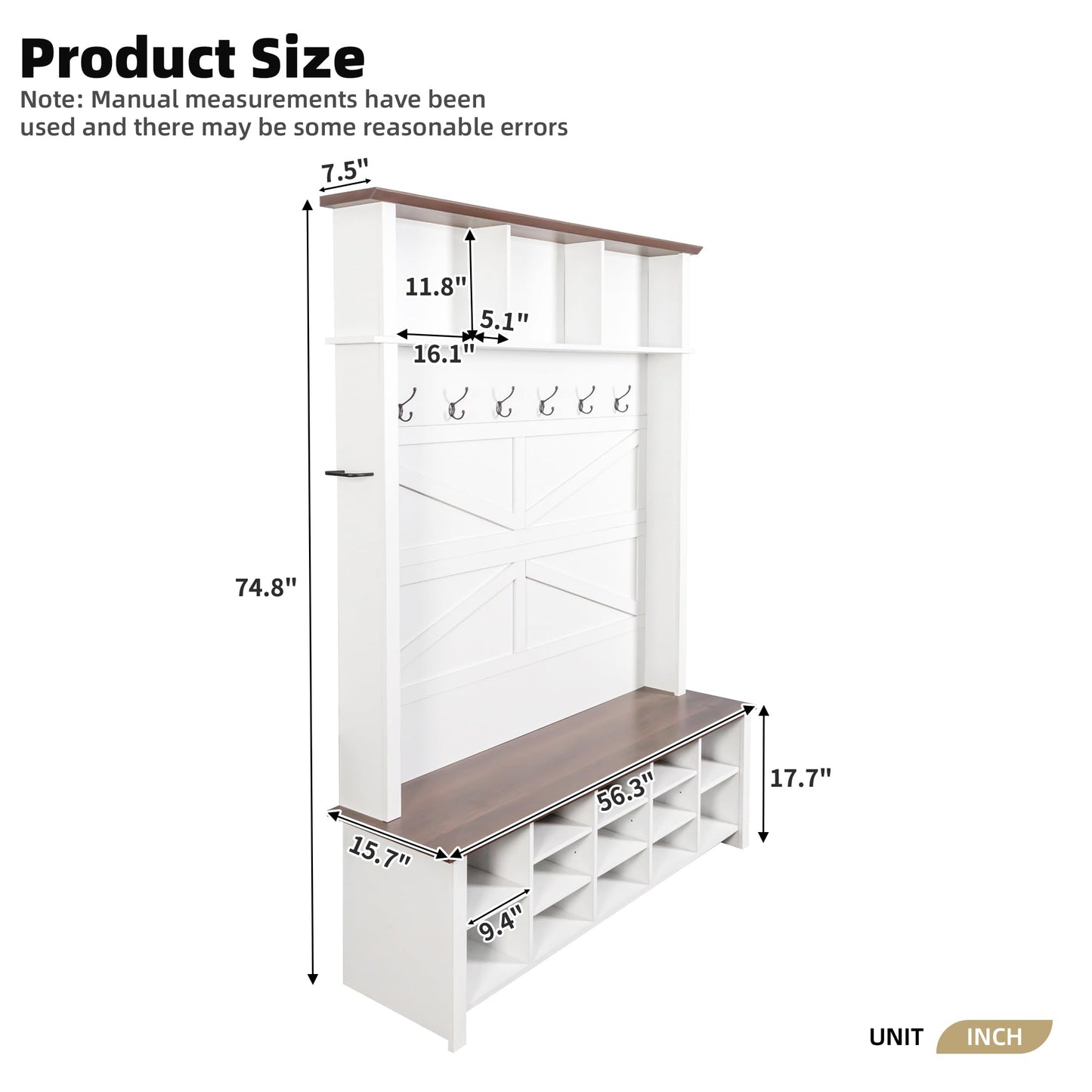 Farmhouse Hall Tree with Bench and Shoe Storage, 4-in-1 Entryway Coat Rack with 6 Hooks, 16-Cube Open Shelves & Adjustable Shelf, Wooden Entry Way Bench with Shoe Storage for Mudroom, Living Room