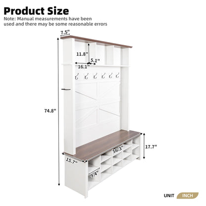 Farmhouse Hall Tree with Bench and Shoe Storage, 4-in-1 Entryway Coat Rack with 6 Hooks, 16-Cube Open Shelves & Adjustable Shelf, Wooden Entry Way Bench with Shoe Storage for Mudroom, Living Room