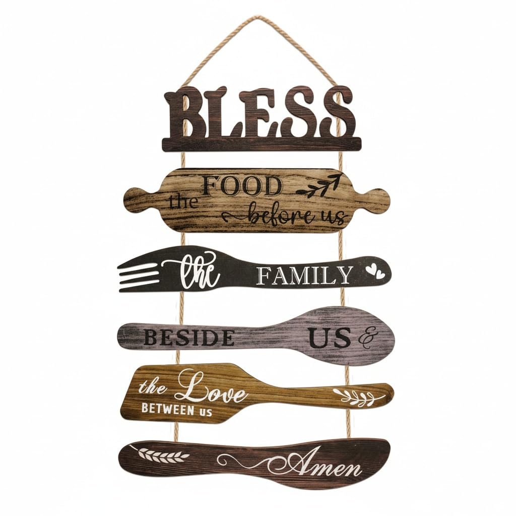 Benlarky Kitchen Wall Decor Set, Bless the Food Before Us Quotes Farmhouse Wooden Roped Hanging Signs, Rustic 6pcs Wall Art for Dining Room, Large Wood Plaque Decor for Home Kitchen Housewarming Gifts