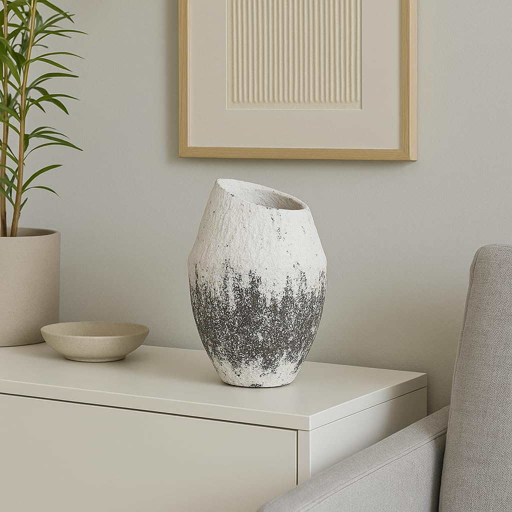 Handcrafted Textured Ceramic Vase – White & Black Asymmetrical Pottery with Rustic Matte Finish – Modern Decorative Accent for Shelves, Consoles, and Tabletops