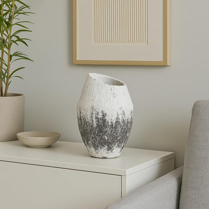 Handcrafted Textured Ceramic Vase – White & Black Asymmetrical Pottery with Rustic Matte Finish – Modern Decorative Accent for Shelves, Consoles, and Tabletops