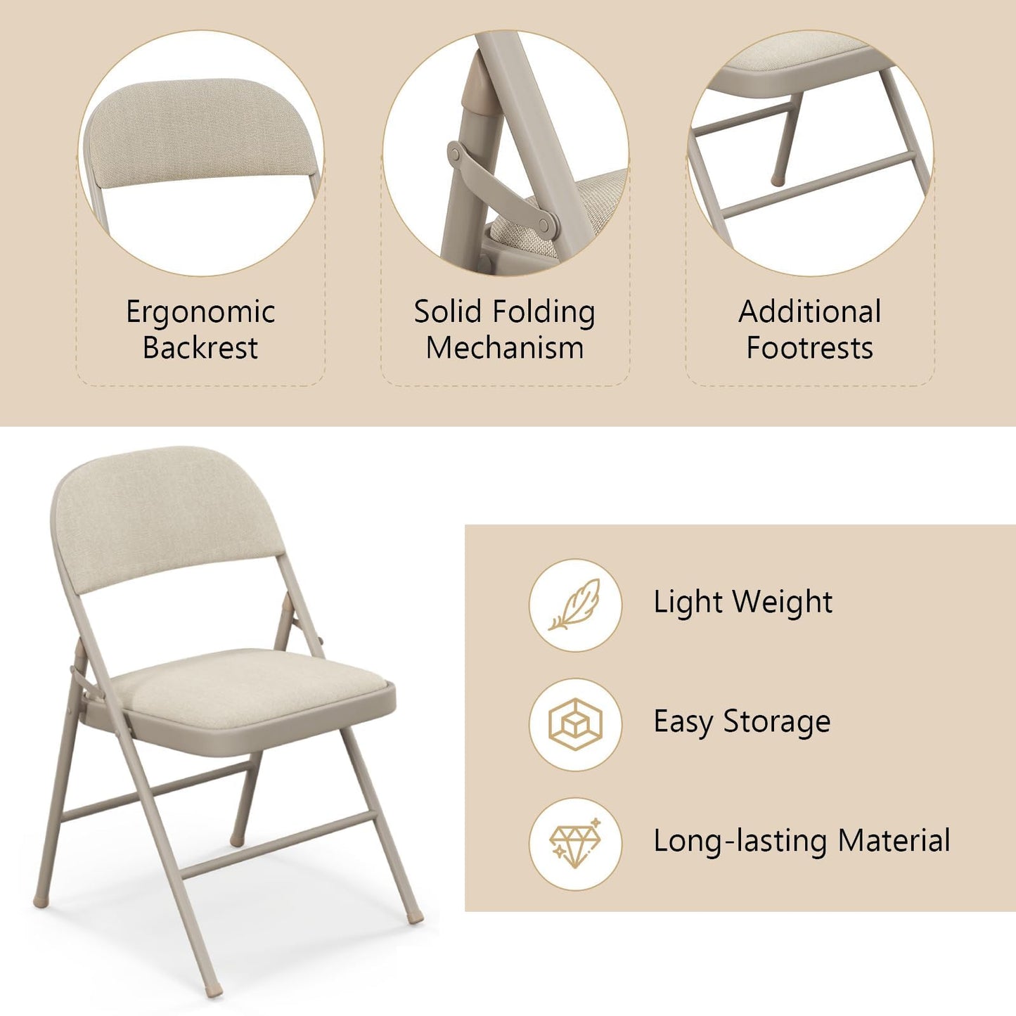 TANGZON 2/4/6 Pack Fabric Padded Folding Chairs, Steel Frame Conference Chairs with Backrest & Non-Slip Foot Pads, Easy Storage Event Hall Guests Seat for Home Office Reception (6pcs,Mid Back,Beige)