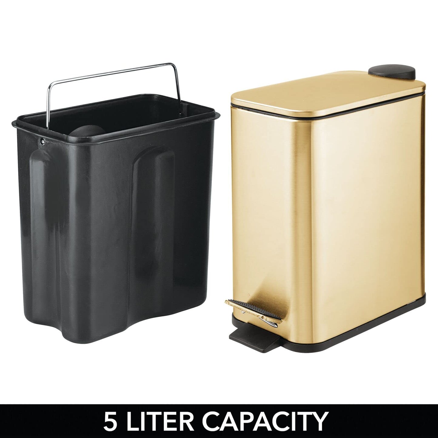 mDesign 1.3 Gallon Rectangular Slim Metal Trash Can w/ Foot Pedal, Easy-Close Lid, Narrow Wastebasket, Garbage Container Bin - Bathroom, Bedroom, Kitchen, Home Office, Removable Liner- Soft Brass