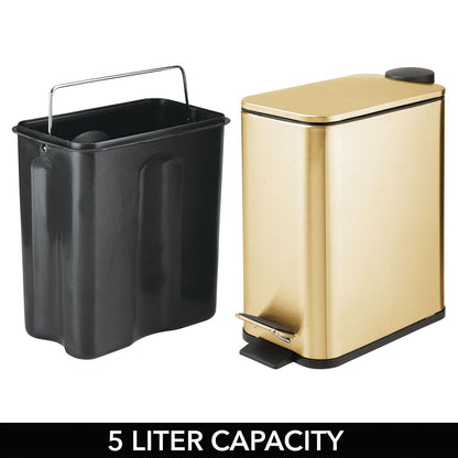 mDesign 1.3 Gallon Rectangular Slim Metal Trash Can w/ Foot Pedal, Easy-Close Lid, Narrow Wastebasket, Garbage Container Bin - Bathroom, Bedroom, Kitchen, Home Office, Removable Liner- Soft Brass