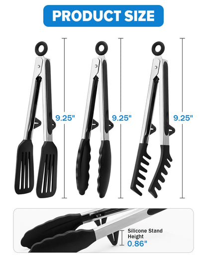 Kitchen Tongs for Cooking, Non Scratch Silicone Tip for Nonstick Cooking Pans, Food Grade Mini Serving Tongs, Pull Lock, Set of 3, Black (BLack, 9 inch)