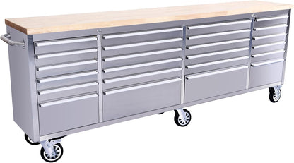 96" Rolling Tool Chest, 24 Drawers, Solid Rubber Wood Workbench Top, Locking Wheels and Key Lock, Mobile Garage Storage Cabinet, Heavy Duty Mobile Organizer for Workshop, Silver