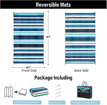 6'x9' HUGEAR Outdoor Waterproof Rug Plastic Straw Rugs Washable Reversible Floor Mat Blue Stripe Carpet for Camping RV