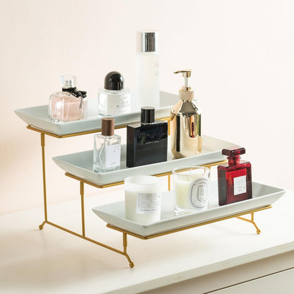 Gomakren 3 Tier Serving Stand with Porcelain Serving Platter Tray - Collapsible Gold Stand with 3 Piece Large14 Inch White Plates for Food Presentation Dessert Server Display and Entertaining