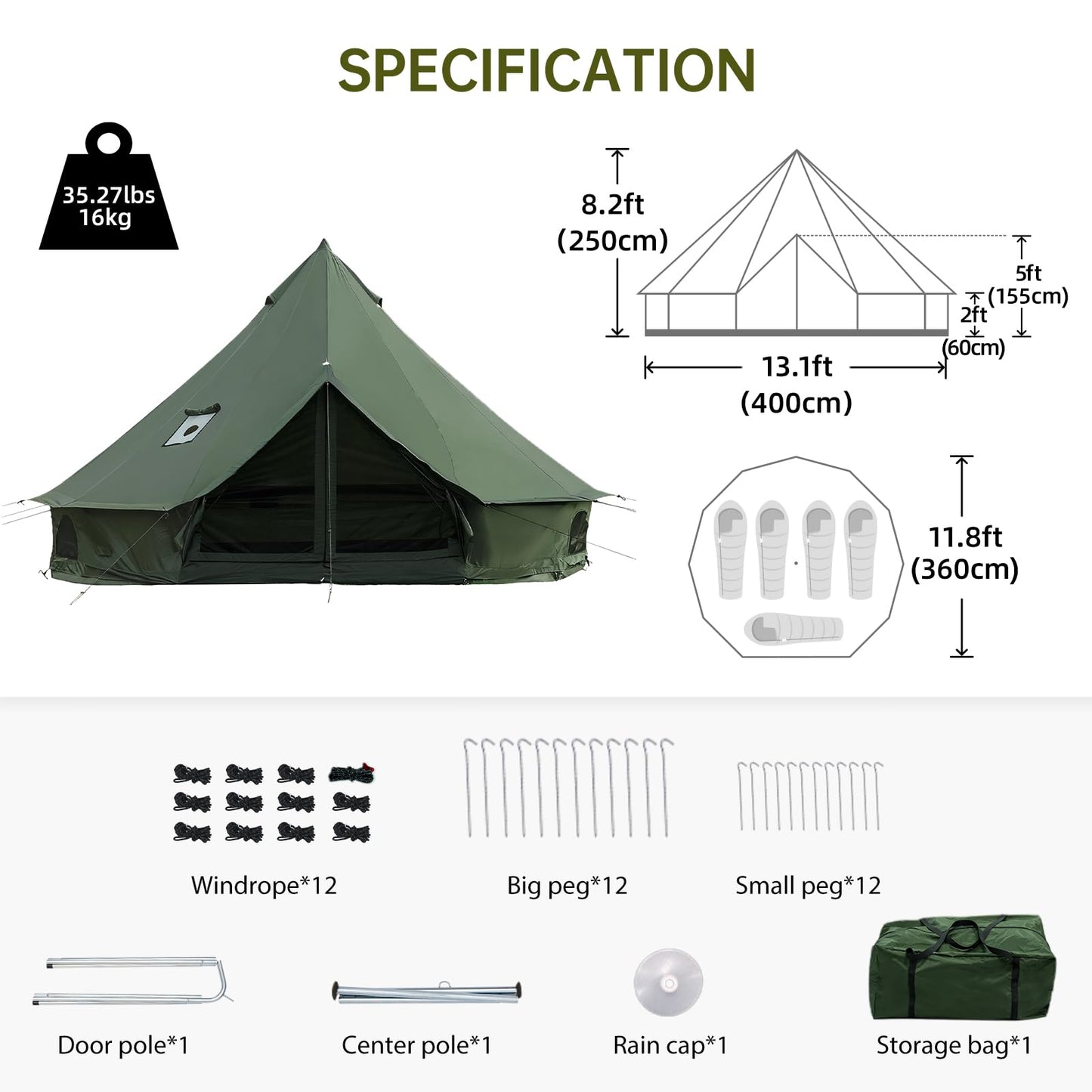 Bell Tent with Stove Jack – Spacious 13.1ft Family Glamping Yurt, 4-6 Person, 4 Season, Easy Setup, Waterproof, Ventilated Outdoor Shelter (13.1ft(Green)