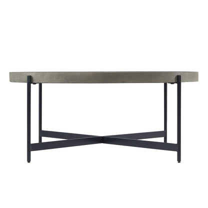 Alaterre Furniture Brookline 42-Inch Round Concrete-Coated Wood Coffee Table with Tray Top and Black Iron Legs – Industrial Farmhouse Living Room Accent Table with X-Frame Base