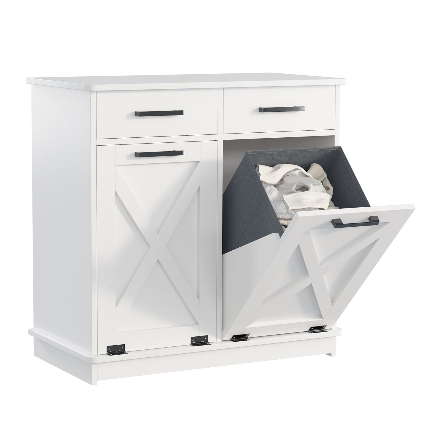 Mepplzian White Double Tilt Out Laundry Hamper Cabinet Laundry Basket Cabinet Hidden Laundry Hamper with 2 Drawers & 2 Baskets for Bathroom,30x30x16in（Barn Door Panel）