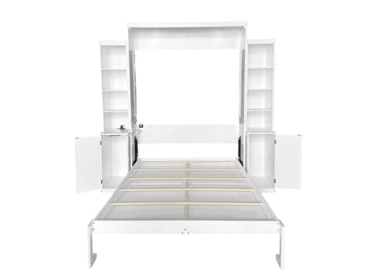 PVWIIK Queen Size Murphy Bed with Desk & Storage Cabinet,Shelf,Wall Bed Frame Folding into Cabinet Design w/Multifunctional Bed Frame for Small Space,Bedroom,Guest Room,White