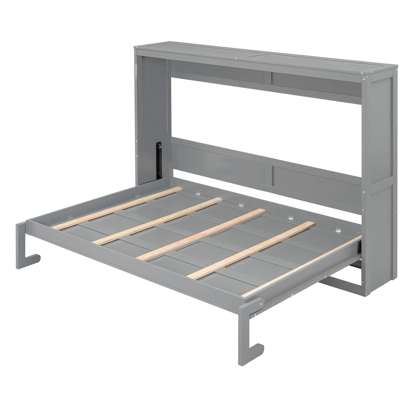 Merax Modern Farmhouse Solid Wood Murphy Cabinet Bed, Queen Foldable Wall Bed Frame, No Box Spring Needed/Space Saving, Gray