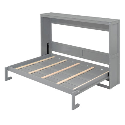 Merax Modern Farmhouse Solid Wood Murphy Cabinet Bed, Queen Foldable Wall Bed Frame, No Box Spring Needed/Space Saving, Gray