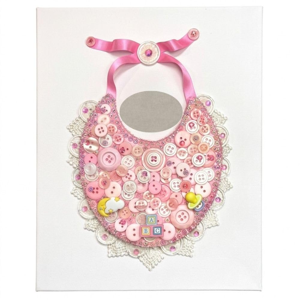 DIY Baby Bib Button Art Canvas Kit – Sweet Baby Nursery Craft Kit with Buttons, Gems & Ribbon – 8x10 Canvas Wall Decor
