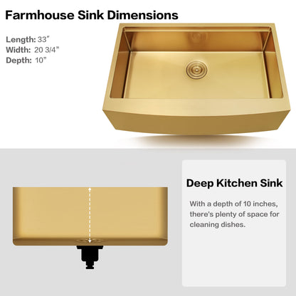 MONSINTA Gold Farmhouse Kitchen Sink, 16 Gauge SUS304 Stainless Steel Farm Sinks, All In One Workstation Sink with Ledge & Accessories, 33" x 20" x 10" Large and Deep Gold Undermount Kitchen Sink