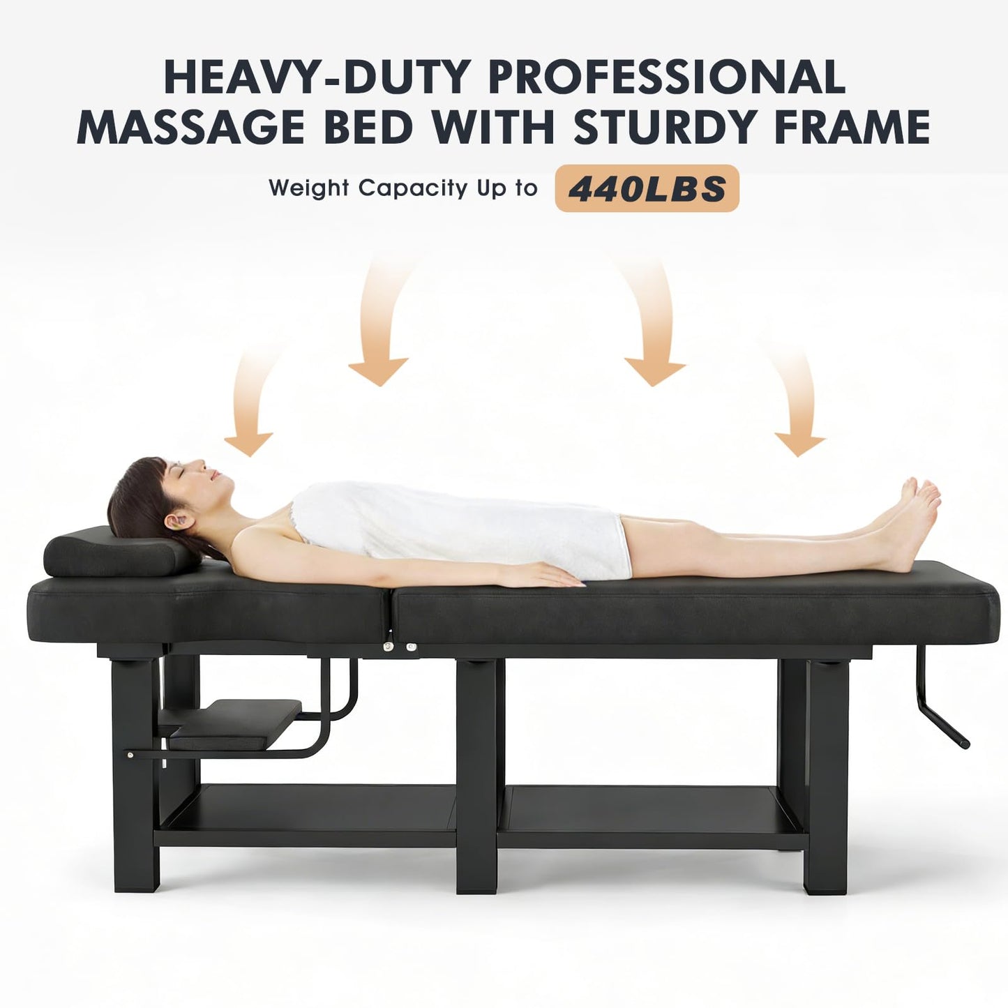 Heavy Duty Stationary Massage Table with Adjustable Backrest, Wide Spa Facial Bed with Metal Frame & PU Leather, Professional Massage Therapy Bed for Spa Salon Tattoo Physical Therapy Clinic (Black)