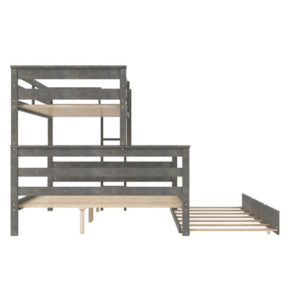 Merax Twin XL Over Queen Bunk Bed Wood Detachable Bunk Bed with Trundle & Ladder, Multifunction Bunk Bed,Can be Separated into 3 Beds, No Box Spring Needed,Space Saving,Gray