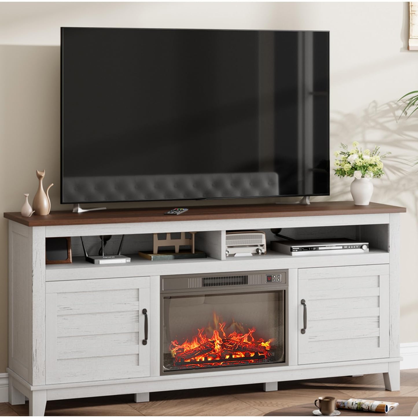IDEALHOUSE Fireplace TV Stand, Entertainment Center with Fireplace, Farm TV Cabinet with Cupboard Door, Suitable for Living Room and Bedroom