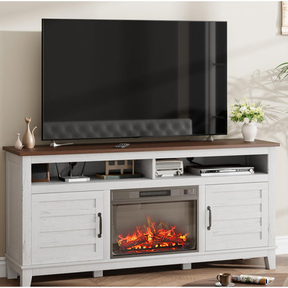IDEALHOUSE Fireplace TV Stand, Entertainment Center with Fireplace, Farm TV Cabinet with Cupboard Door, Suitable for Living Room and Bedroom