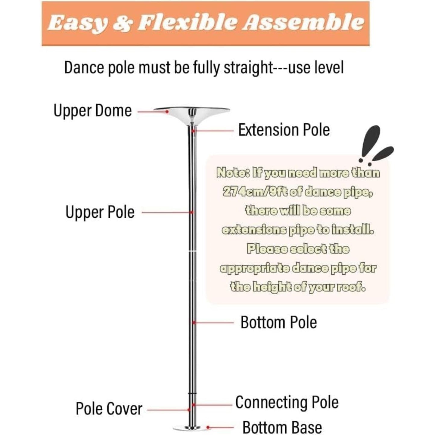 Portable Dance Pole Kit, for Home, Club, or Studio, Adjustable Height, Easy to Install, Heavy-Duty Steel Design
