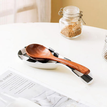YOSCO Ceramic Spoon Rest for Stove Top, Checkered Spoon Holder Utensil Rest, Cute Spoon Rests for Coffee Bar Kitchen Decor Cooking Gift for Housewarming (Black)