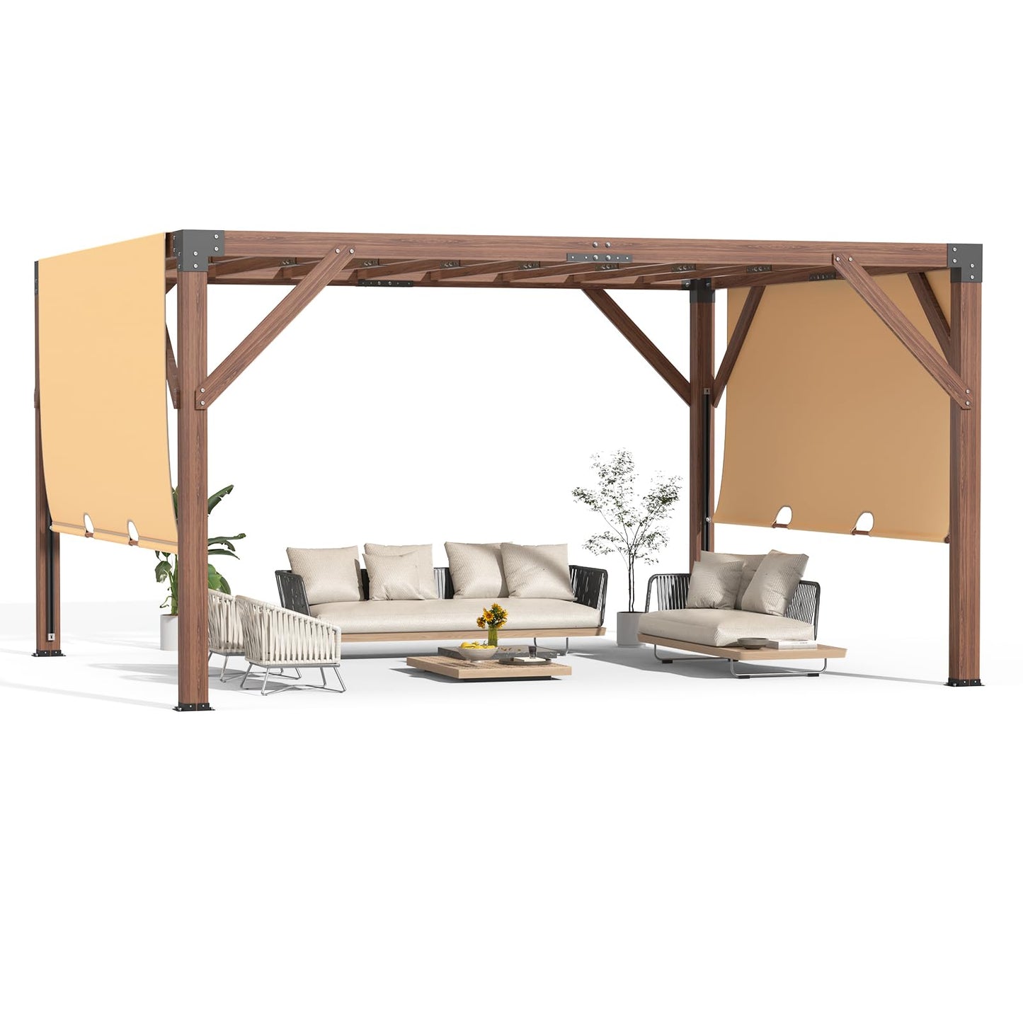 12'X 14' Cedar Wood Pergola, Stylish Outdoor Addition, Retractable Shade Canopy, Durable & Rot Resistant, Versatile Design, for Backyard, Garden, Deck, Outdoor Entertaining