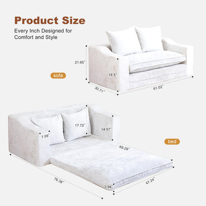 61" Convertible Sofa Bed Loveseat, Memory Foam Boneless Floor Couch with Removable Plush Velvet Cover, Tri-folding Compact Full-size Sleeper for Small Living Room, Playroom, Guest Room, RV (Off White)
