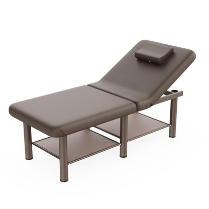 Folding Stationary Massage Table with Backrest and Storage Space for Treatment Table Physical Therapy Table Spa Facial Bed, 6 Round legs Metal Frame PU Leather, 30.5'' Wide × 75'' Long - Brown