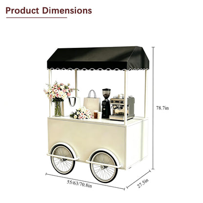 FUNEWBO Beverage & Coffee Service Cart with Scalloped Awning,Wheeled Display Trolley,Mobile Serving Station for Events,Cafes & Small Business(63 * 27.5 * 78.7in, White)