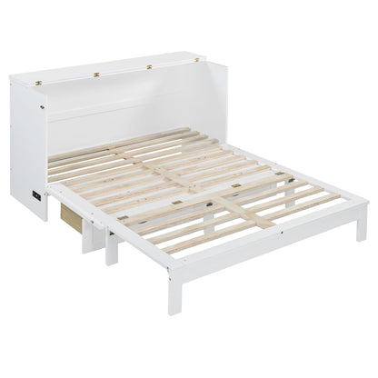 Merax Queen Size Murphy Bed Cabinet with Charging Station and Large Storage Drawer, Foldable Pull Out Murphy Chest Bed for Apartments, Bedrooms, Studio, No Spring Box Needed, White
