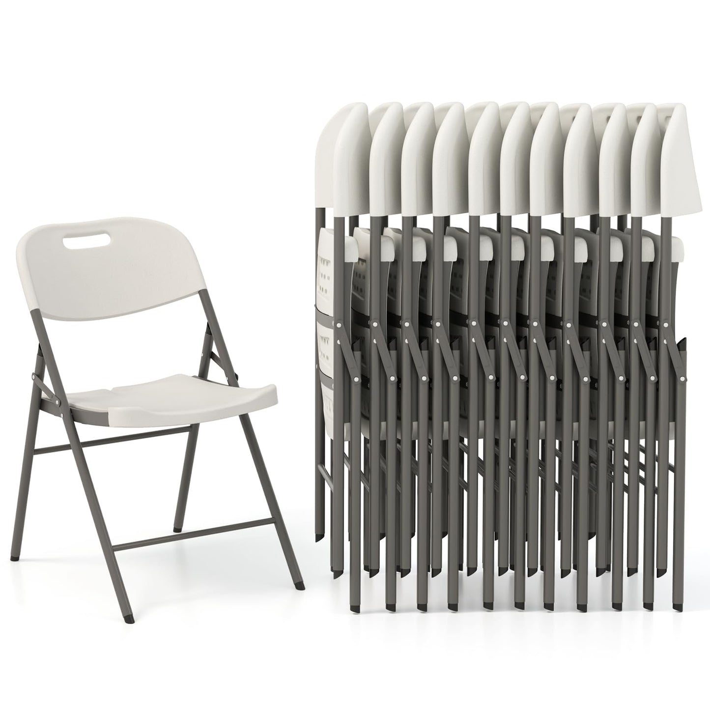 COSTWAY 12 Pack Folding Chairs, Stackable Plastic Chairs w/Waterproof Seat, Heavy-Duty Metal Frame, Handle Slot, 350 LBS Capacity, Portable Indoor Outdoor Event Chairs for Office Wedding Party, White