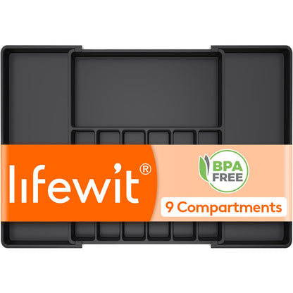 Lifewit Silverware Drawer Organizer, Expandable Utensil Tray for Kitchen, BPA Free Flatware and Cutlery Holder, Adjustable Plastic Storage for Spoons Forks Knives, 8.5"-14.1" x 12.1", Black