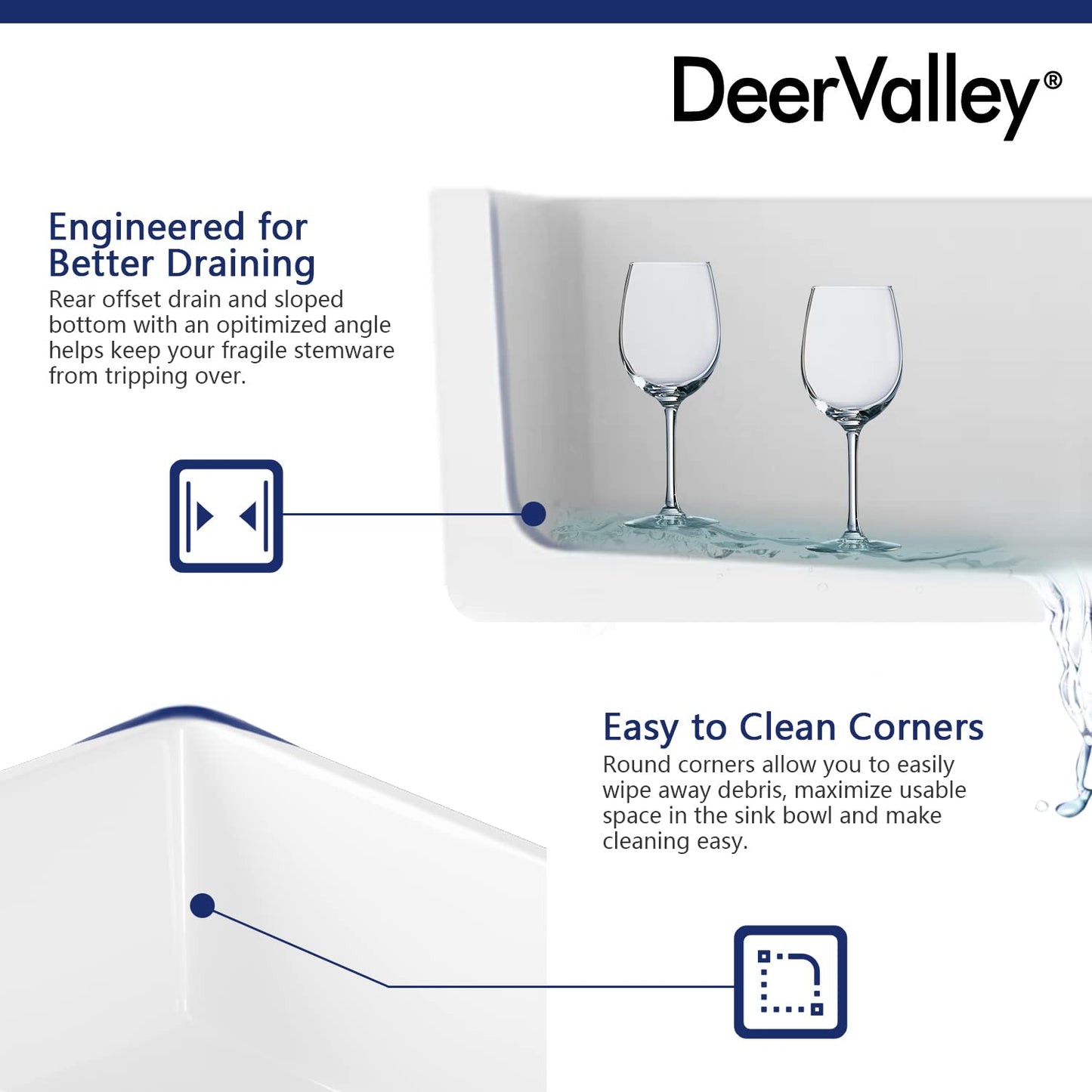 DeerValley Farmhouse Kitchen Sink 33 inch, White Fireclay Apron Front Farm Sinks, Single Bowl Deep Drop In Undermount Sink with Grid and Basket Strainer, Easy to Clean