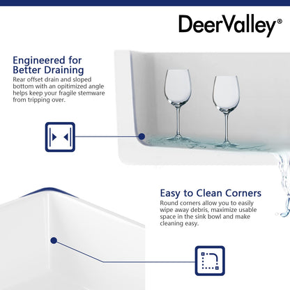 DeerValley Farmhouse Kitchen Sink 33 inch, White Fireclay Apron Front Farm Sinks, Single Bowl Deep Drop In Undermount Sink with Grid and Basket Strainer, Easy to Clean